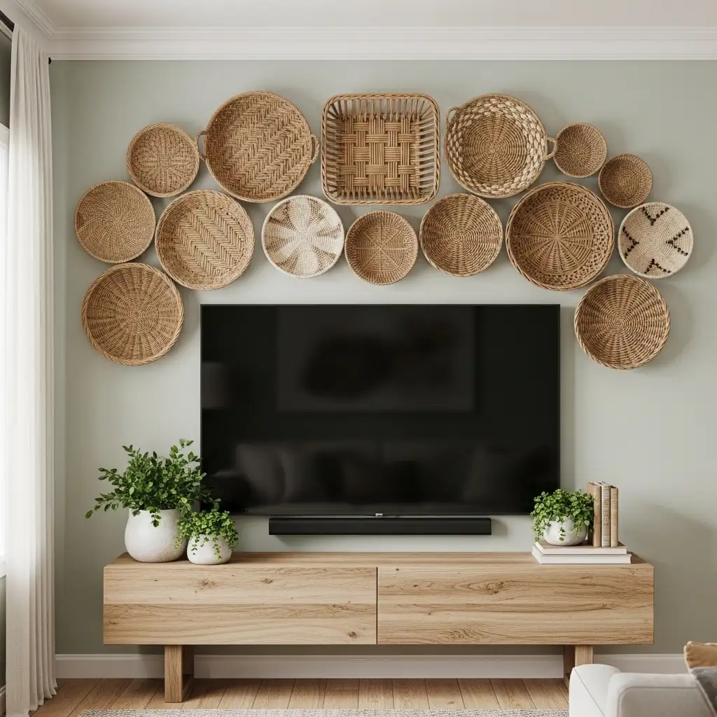 25 Use Woven Baskets as Wall Art Above the TV