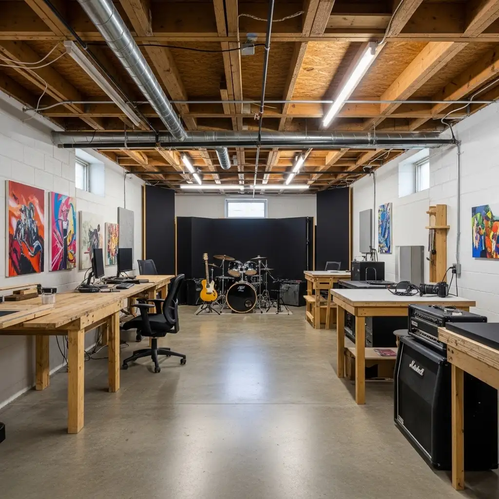 31 Exposed Basement Ceiling in a Creative Studio or Workshop