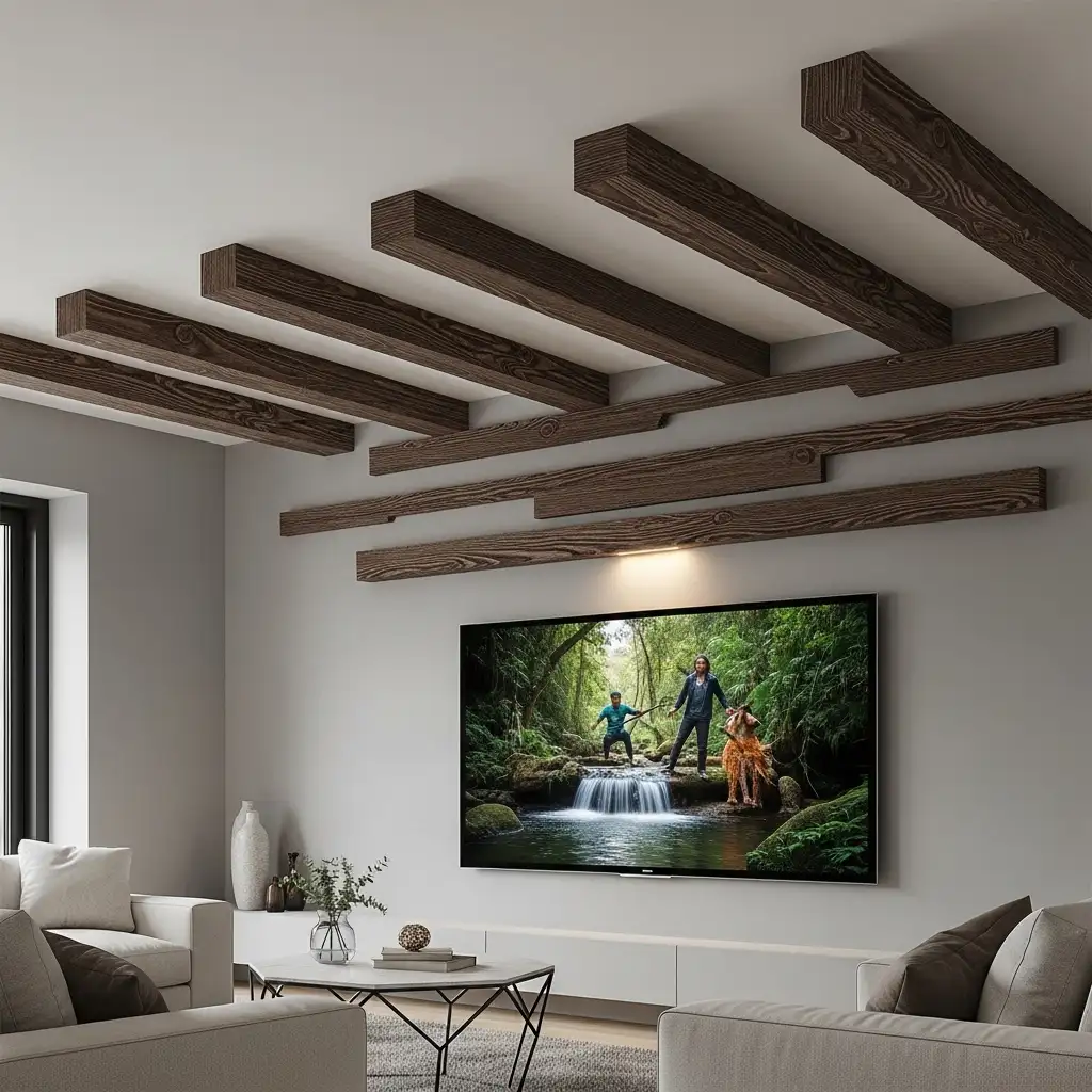 5 Use Faux Wood Beams Above the Television