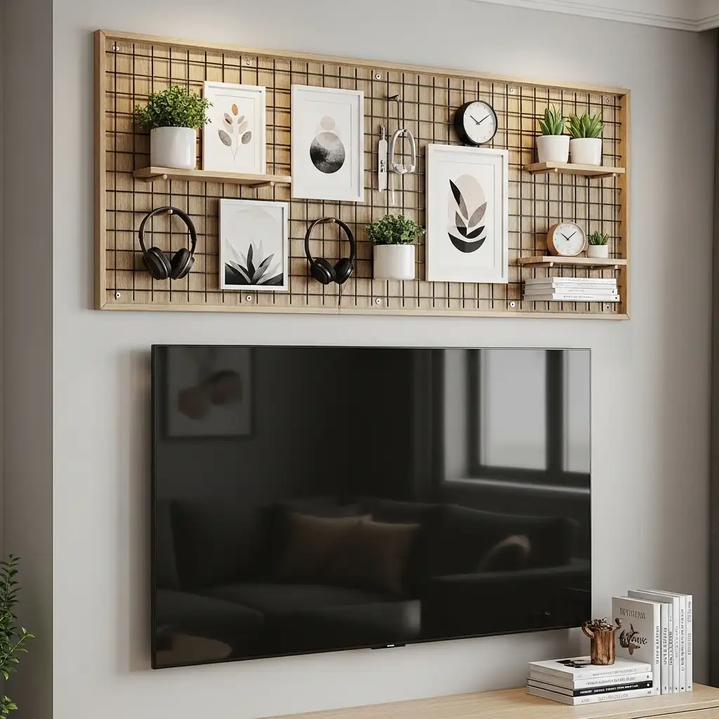 9 Mount a Pegboard or Grid Panel Above the TV