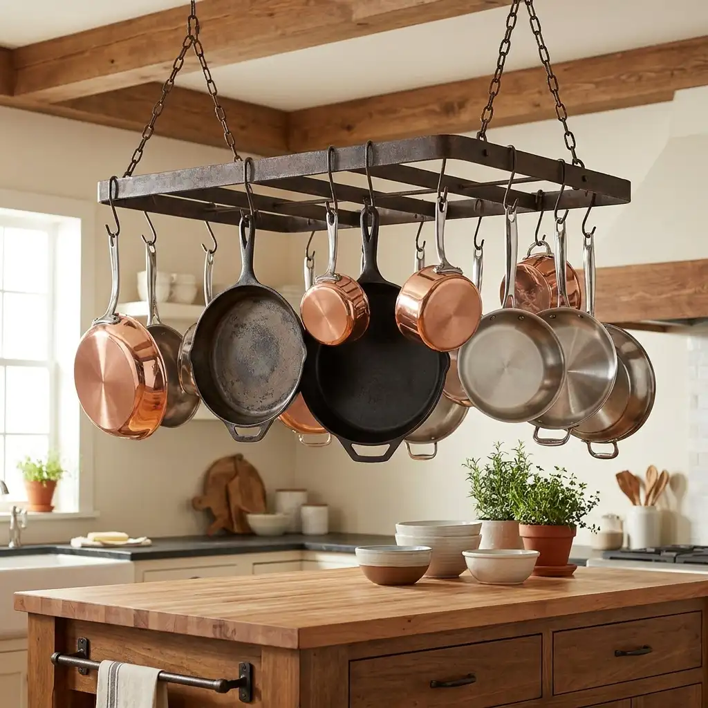11. Hang a Pot Rack Above the Counter