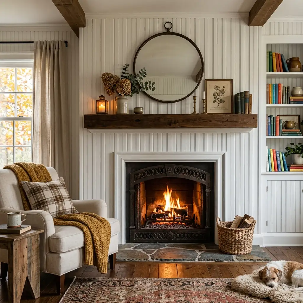 16. Beadboard Fireplace Surround for Cozy Vibes