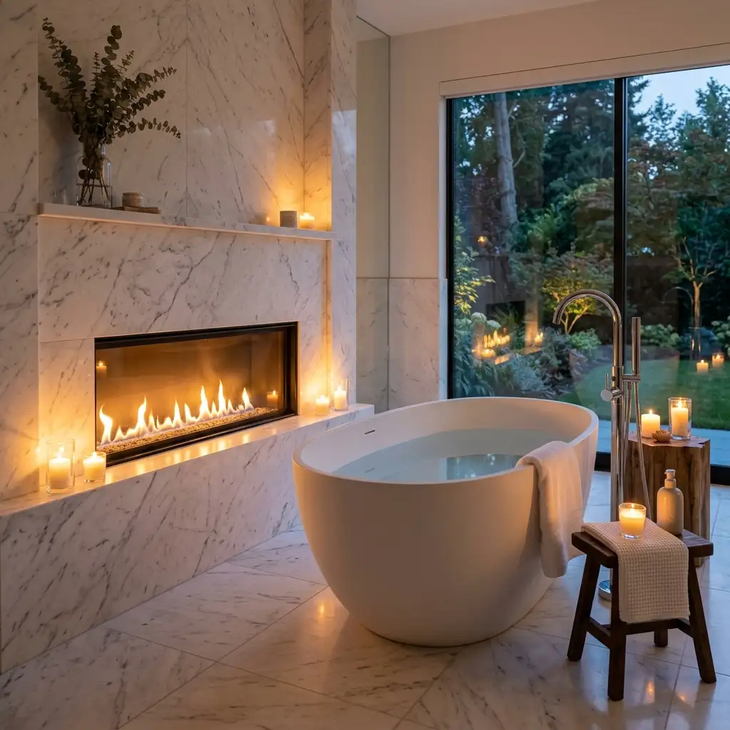 Electric Fireplace in a Bathroom for Spa Vibes