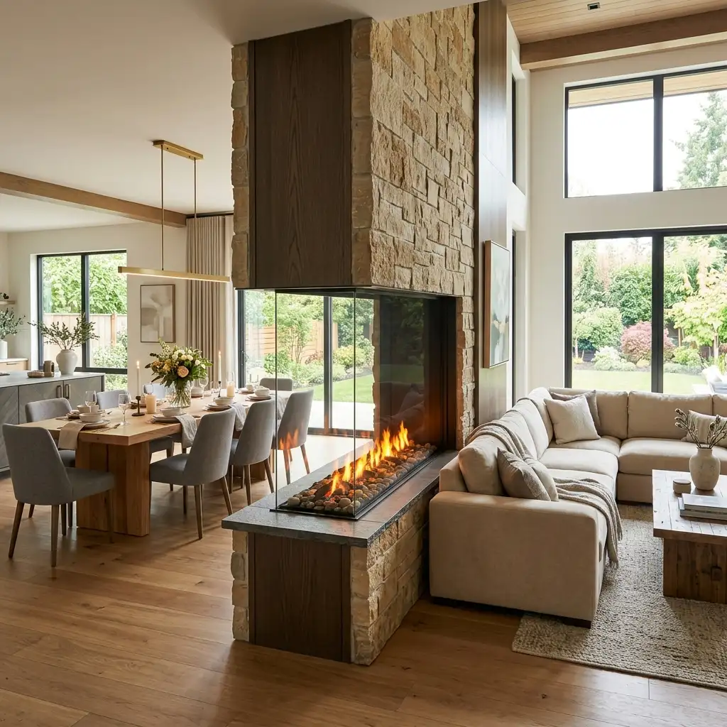 21. Two Sided Electric Fireplace for Open Plan Homes