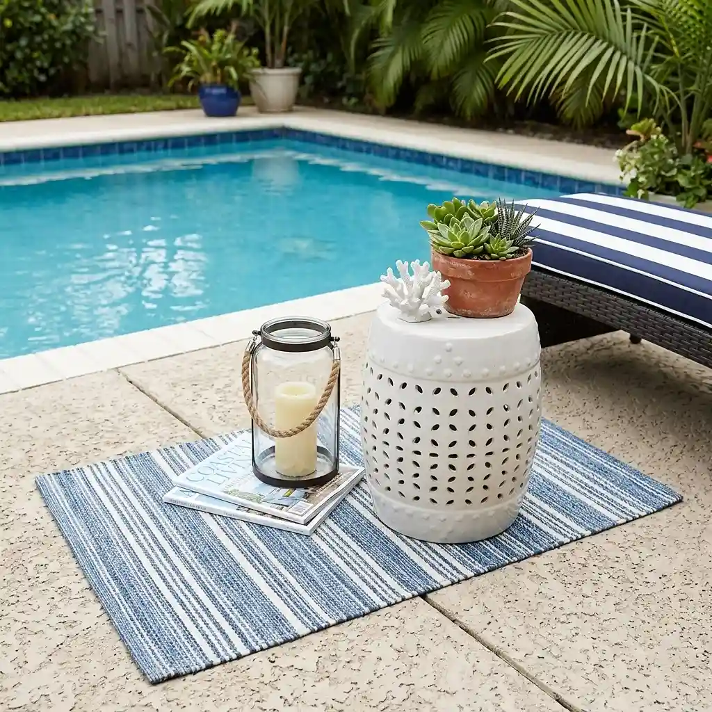 22. Add a Small Outdoor Rug and Side Table Styling Area