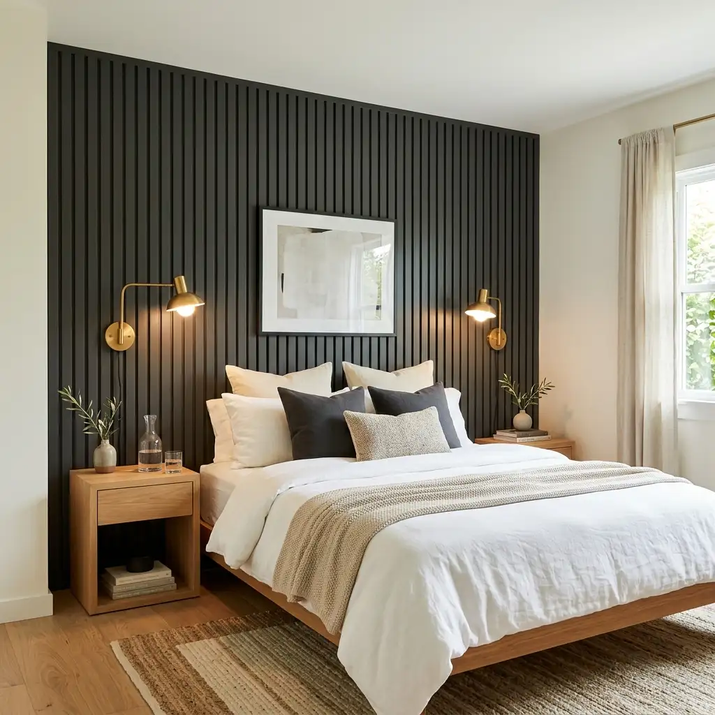 22. Bedroom Accent Wall Paneling Behind the Bed
