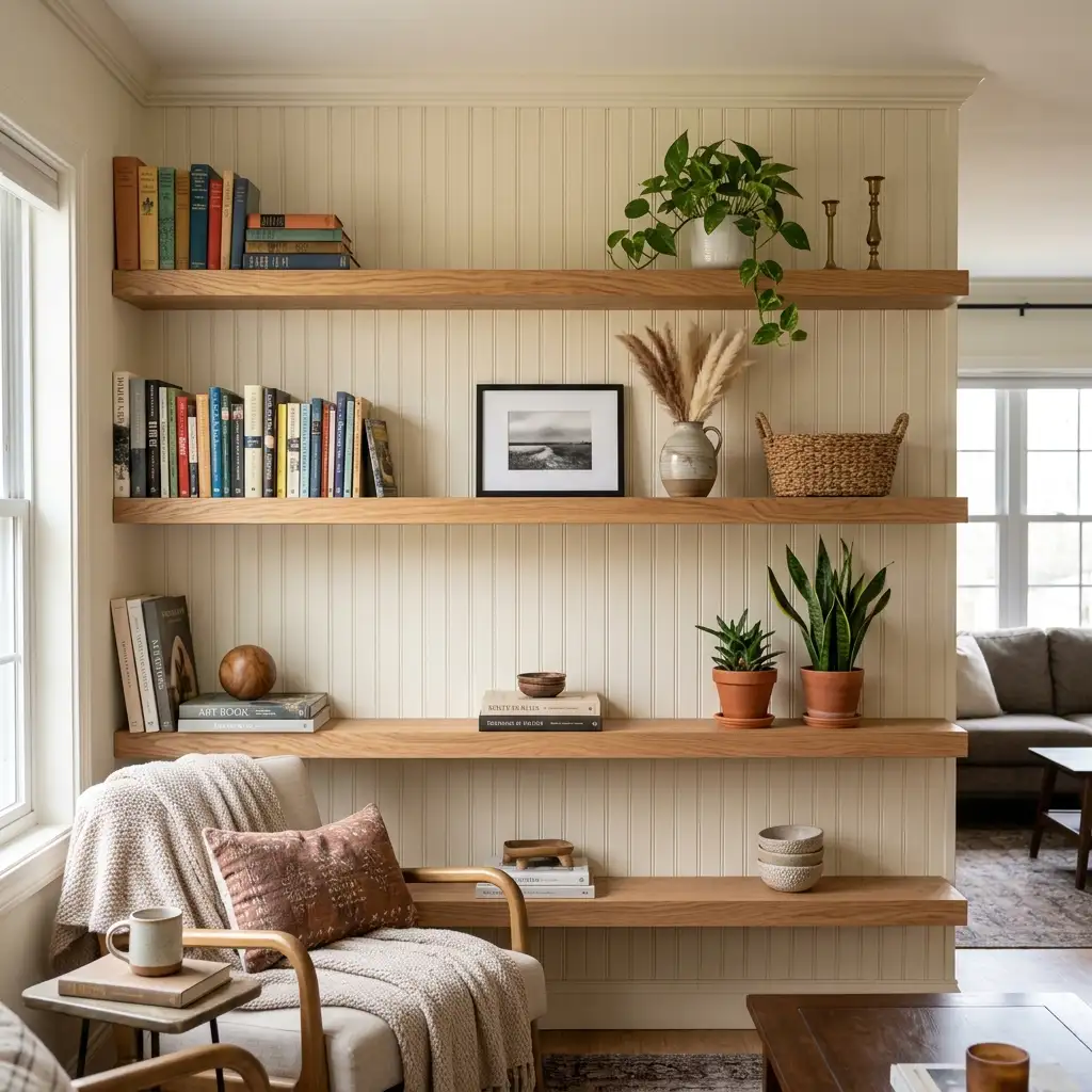 23. Beadboard with Open Shelving in the Living Room