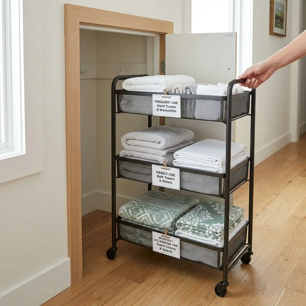 23. Use a Slim Rolling Cart for Narrow Linen Closets