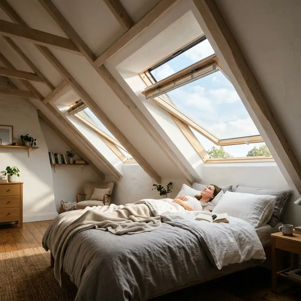 26. Install Velux Style Windows in a Sloped Ceiling Bedroom