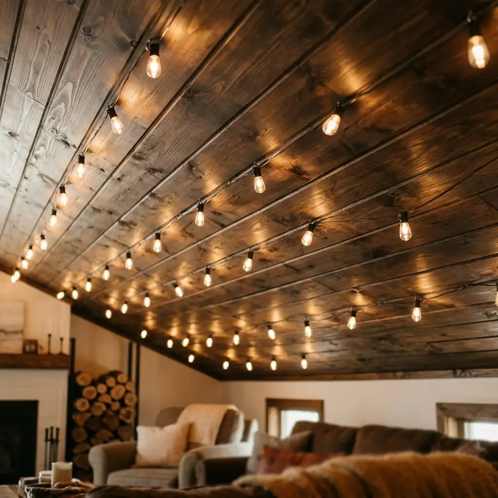 27. Add String Lights to a Wood Plank Ceiling