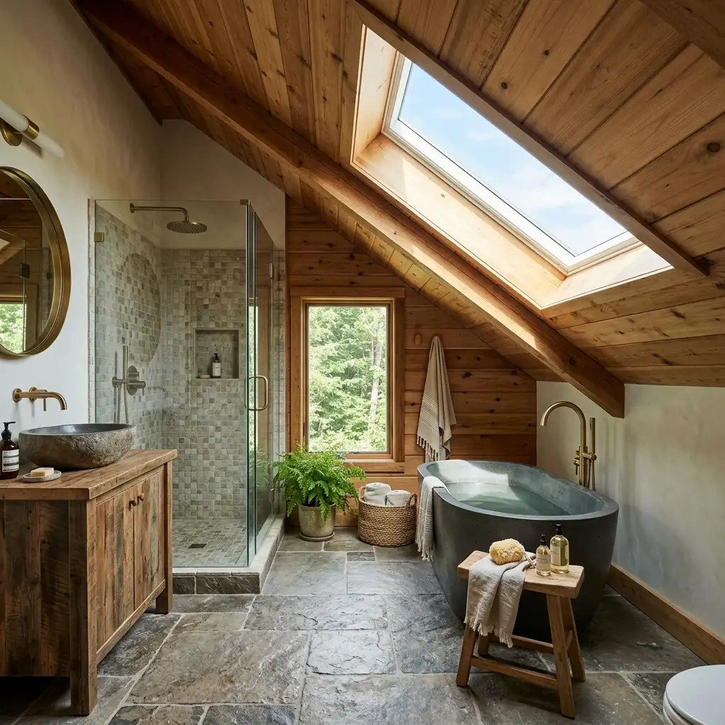 28. Create a Sloped Ceiling Bathroom With Natural Materials