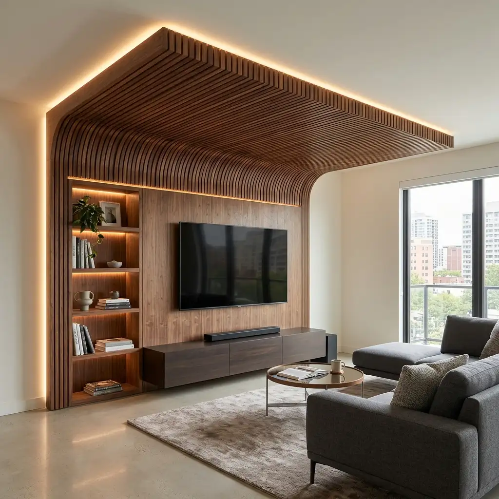 39. Use a TV Wall Feature With Wood Ceiling Connection