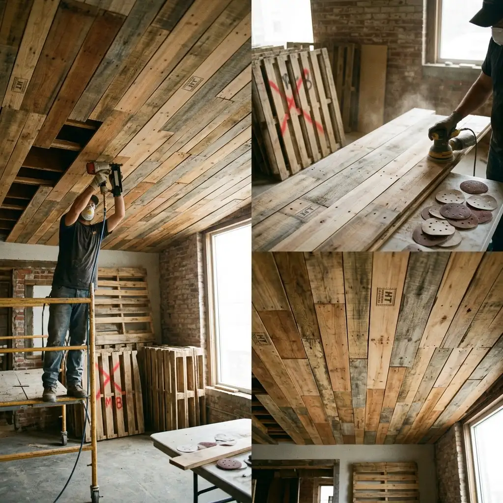 9. Use Reclaimed Pallet Wood for a Free Ceiling Material