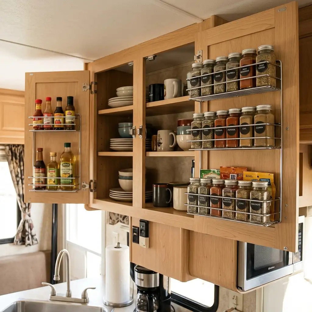 13. Use Door Mounted Spice Racks Inside Cabinet Doors