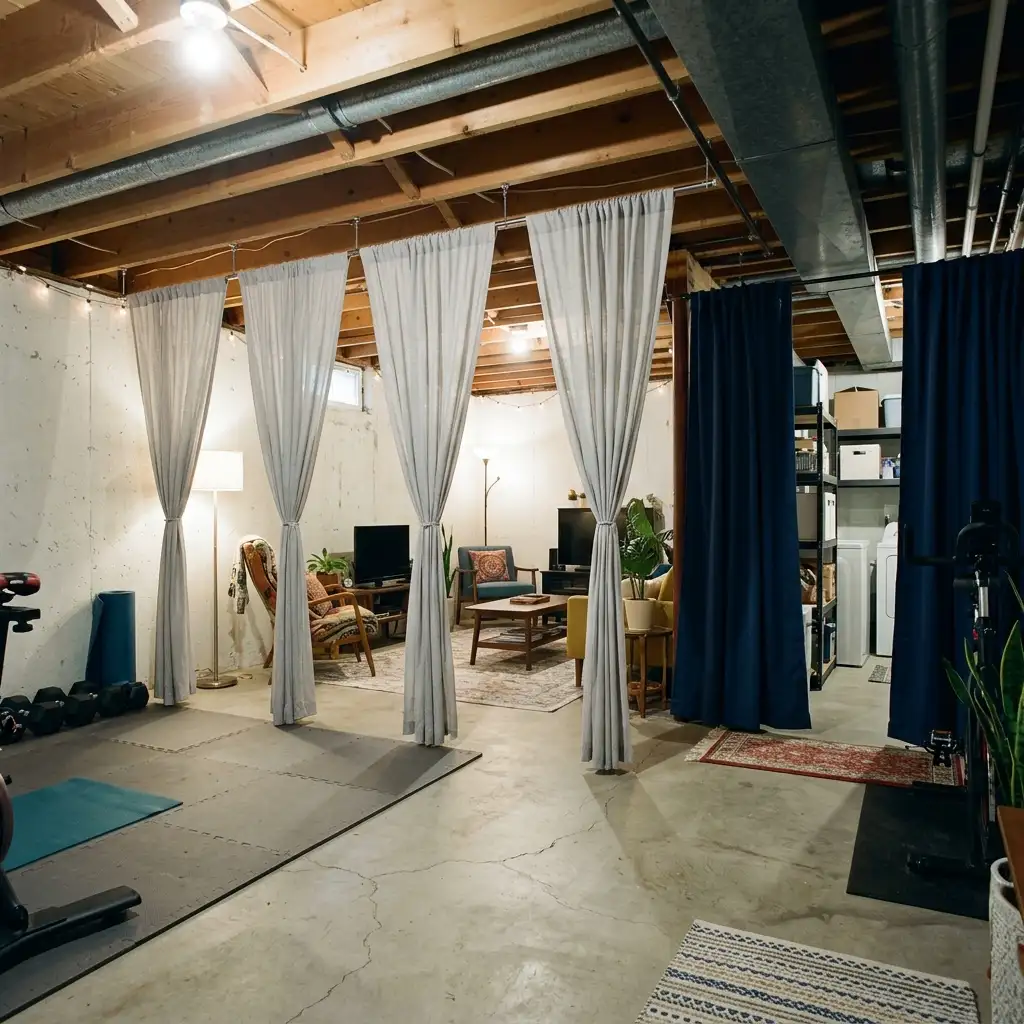 27. Use Curtains to Separate Basement Zones