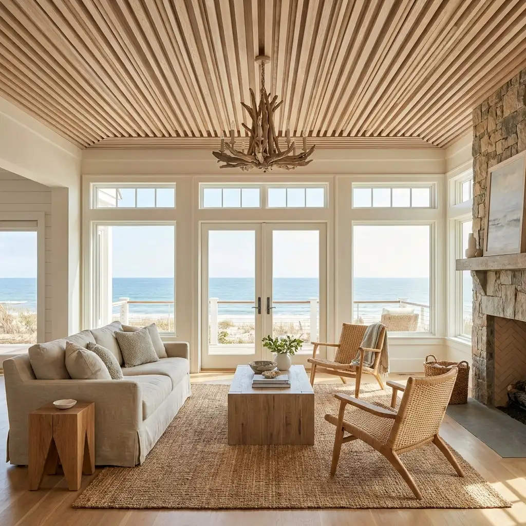 29. Wood Slat Ceiling in a Coastal Home