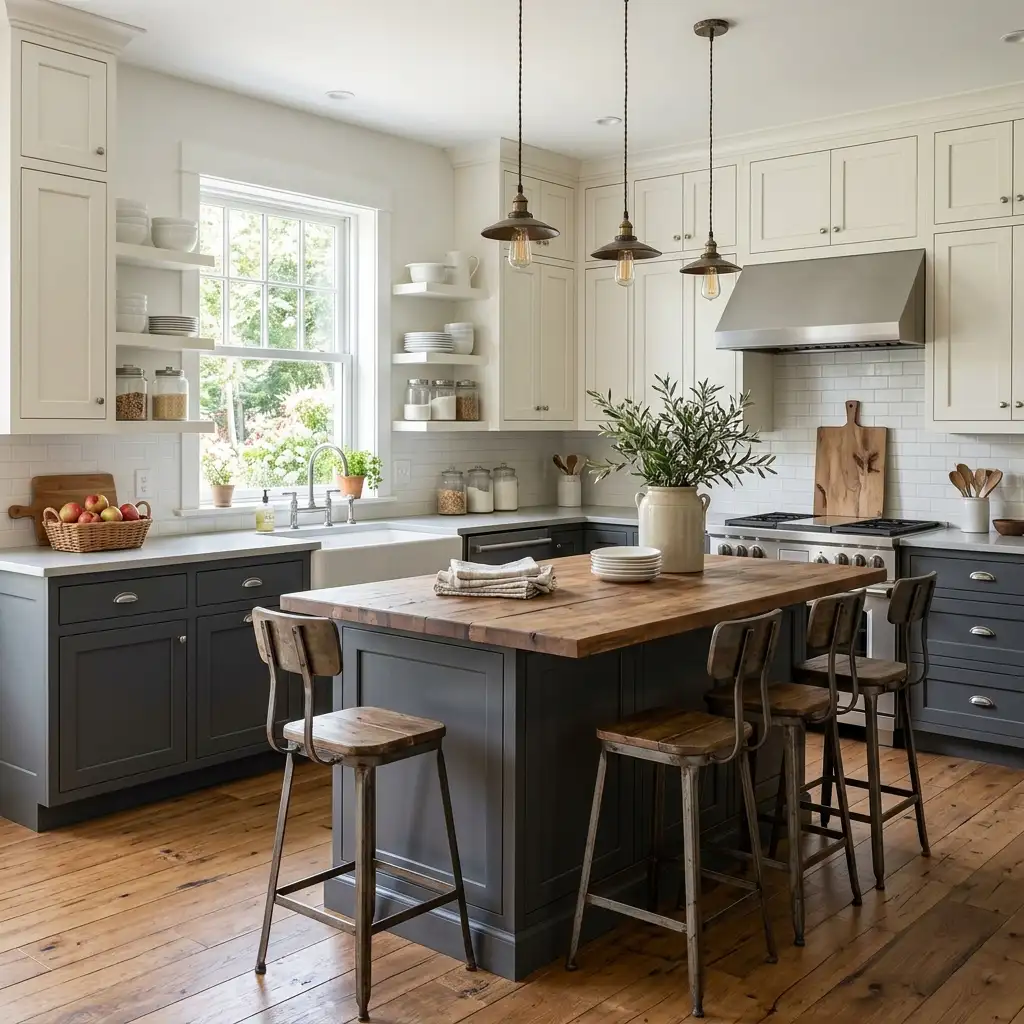 33. Create a Farmhouse Kitchen With a Two Tone Cabinet Scheme