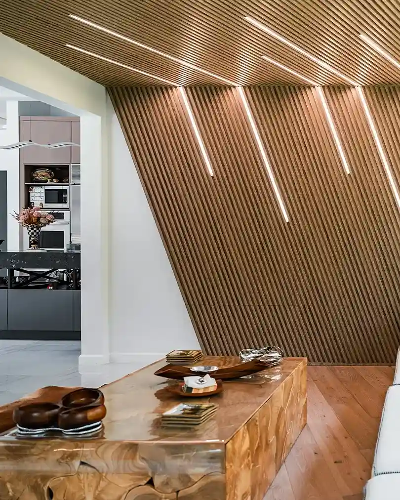8. Thin Slat Ceiling for a Refined Modern Look