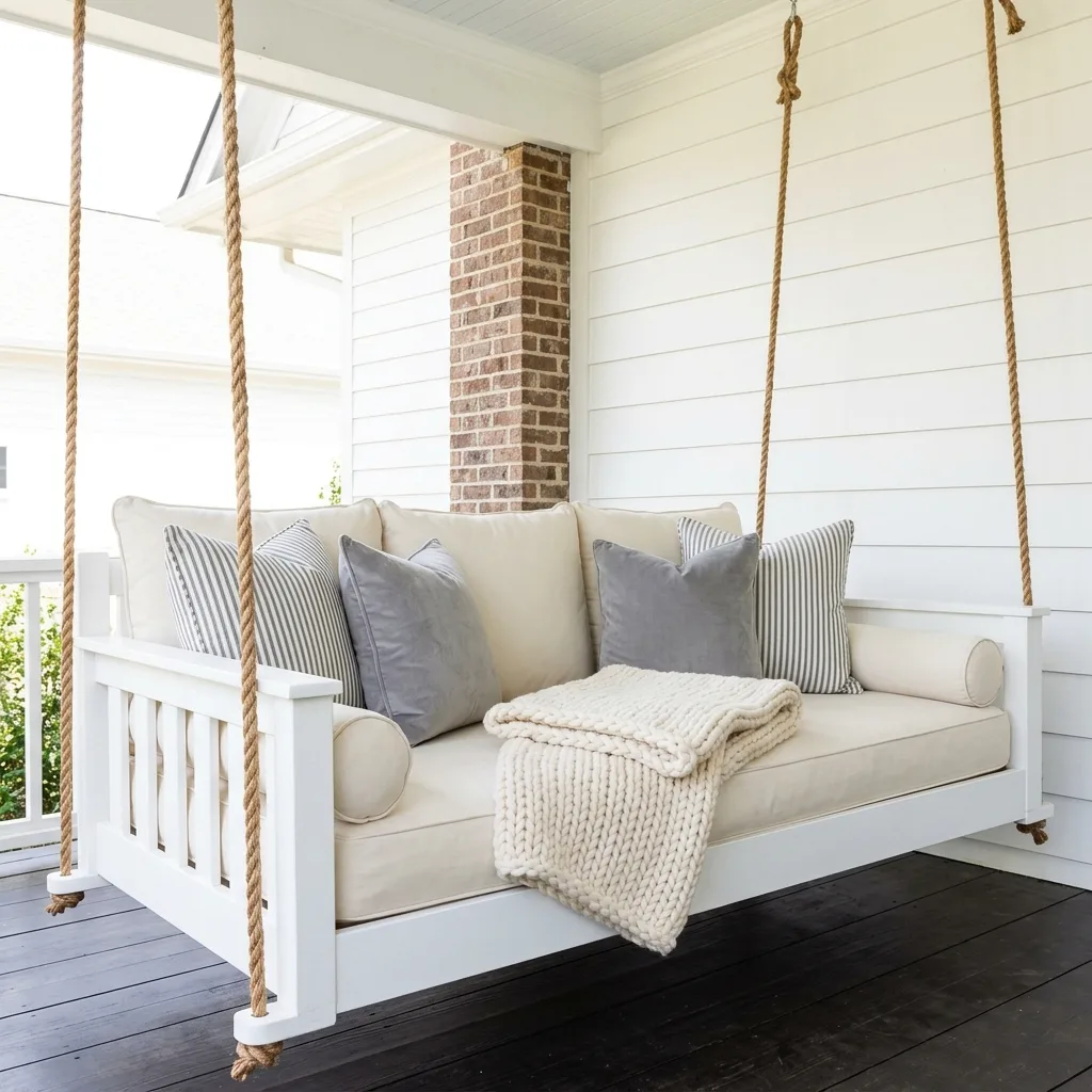 1. Classic White Farmhouse Swing Bed