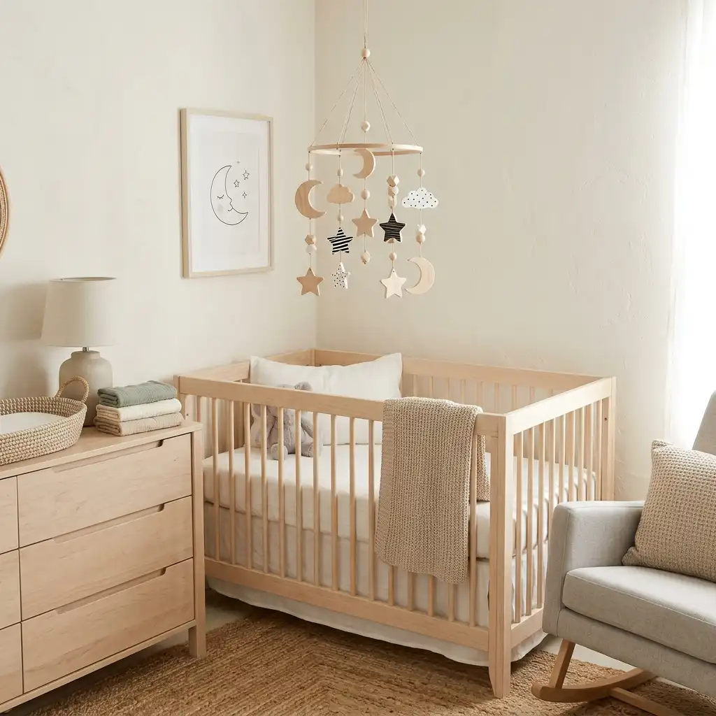 19. Incorporate a Wooden Mobile Above the Crib