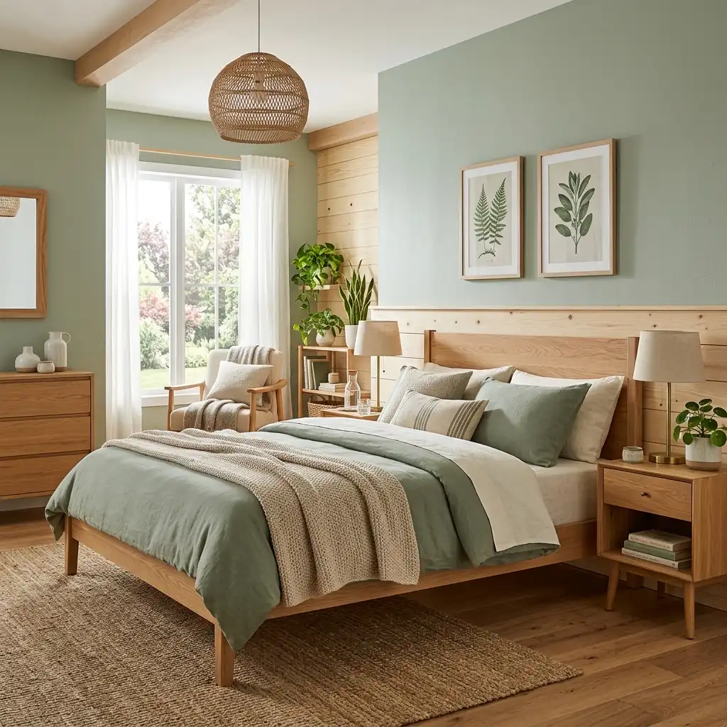 26 Sage Green and Natural Wood Bedroom