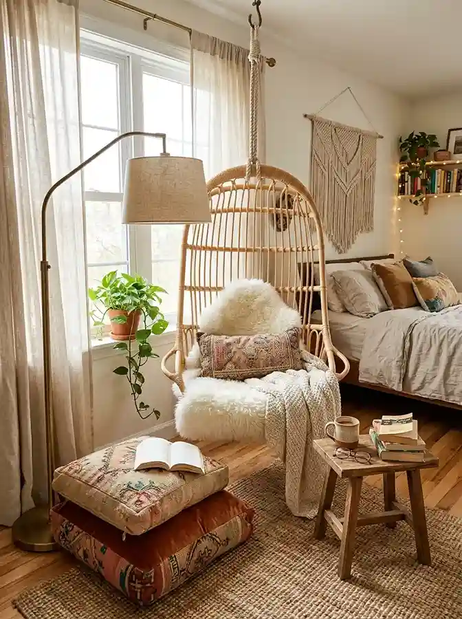 21. Create a Reading Nook With a Hanging Chair or Floor Cushion