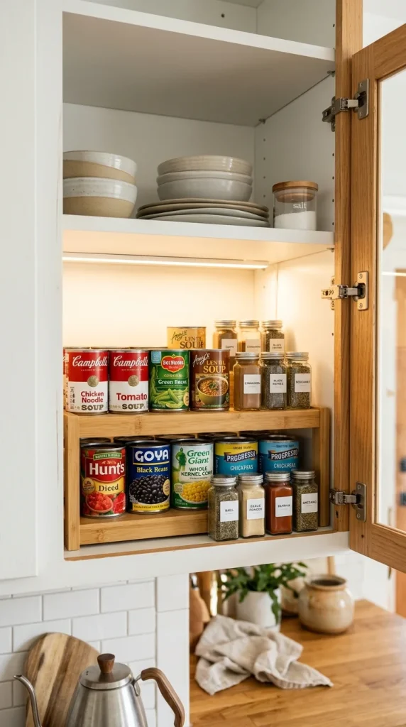 23. Use Tiered Shelf Risers Inside Cabinets