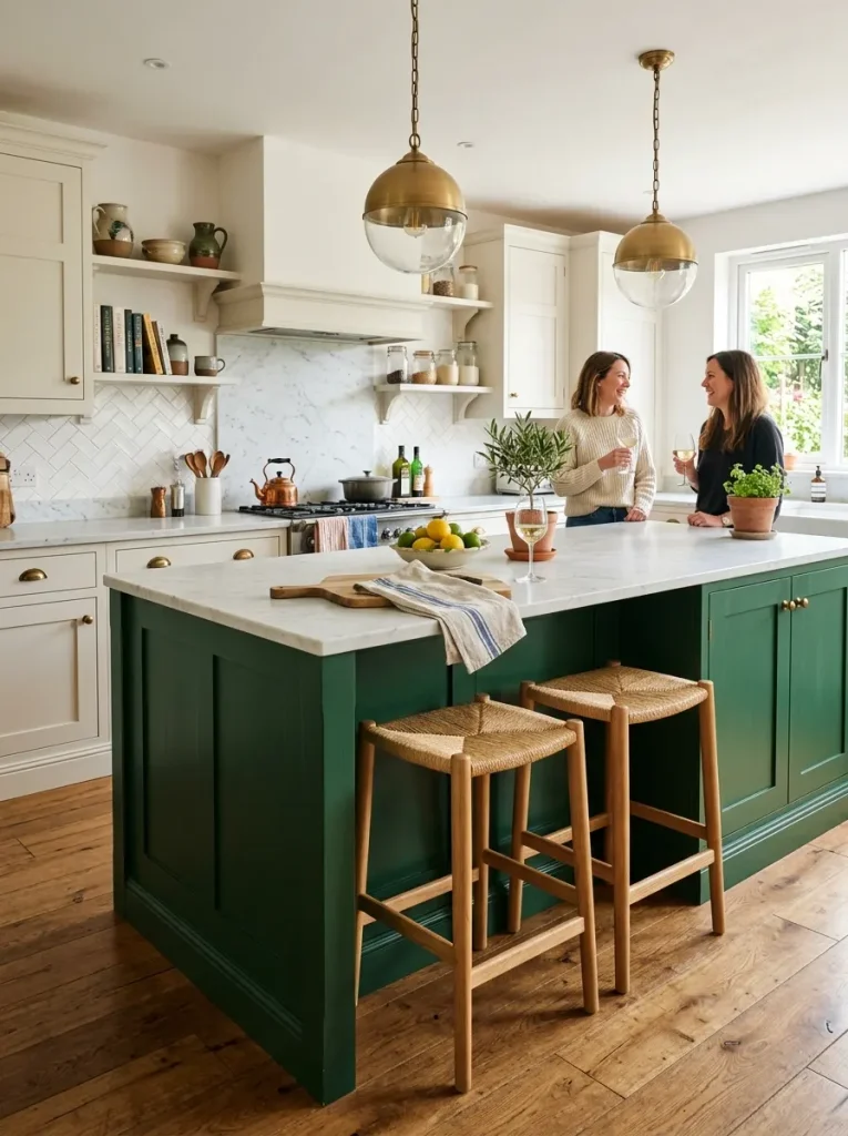 14. Add a Green Kitchen Island With Seating