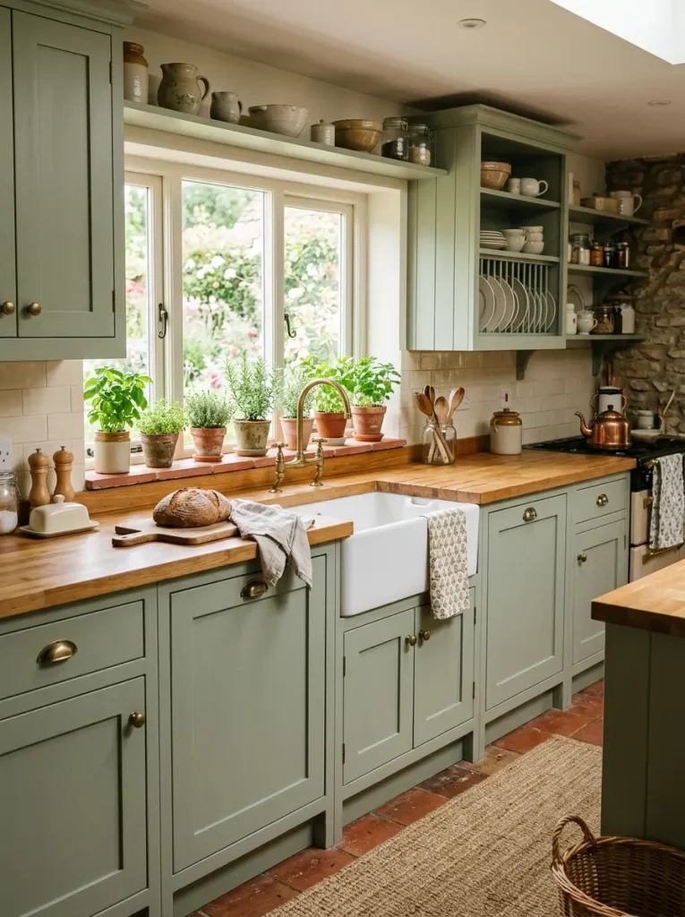 17. Combine Green Cabinets With a Butcher Block Countertop
