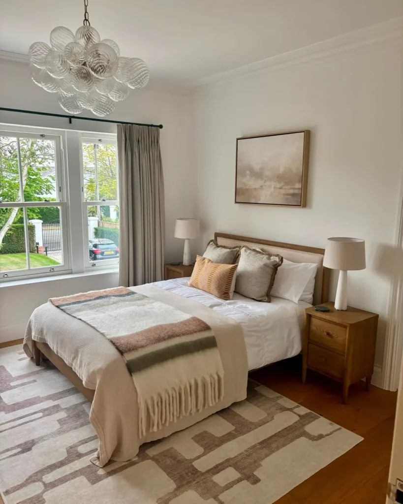 18. Elegant Neutral Guest Bedroom with a Sculptural Glass Chandelier