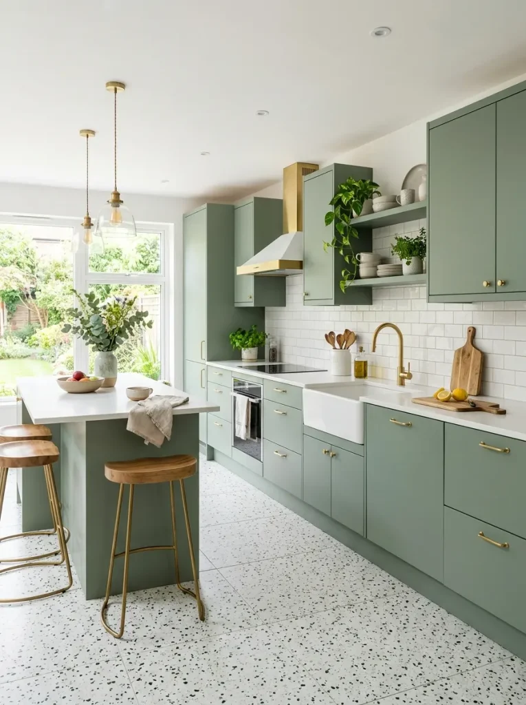 20. Pair Green Cabinets With Terrazzo Flooring