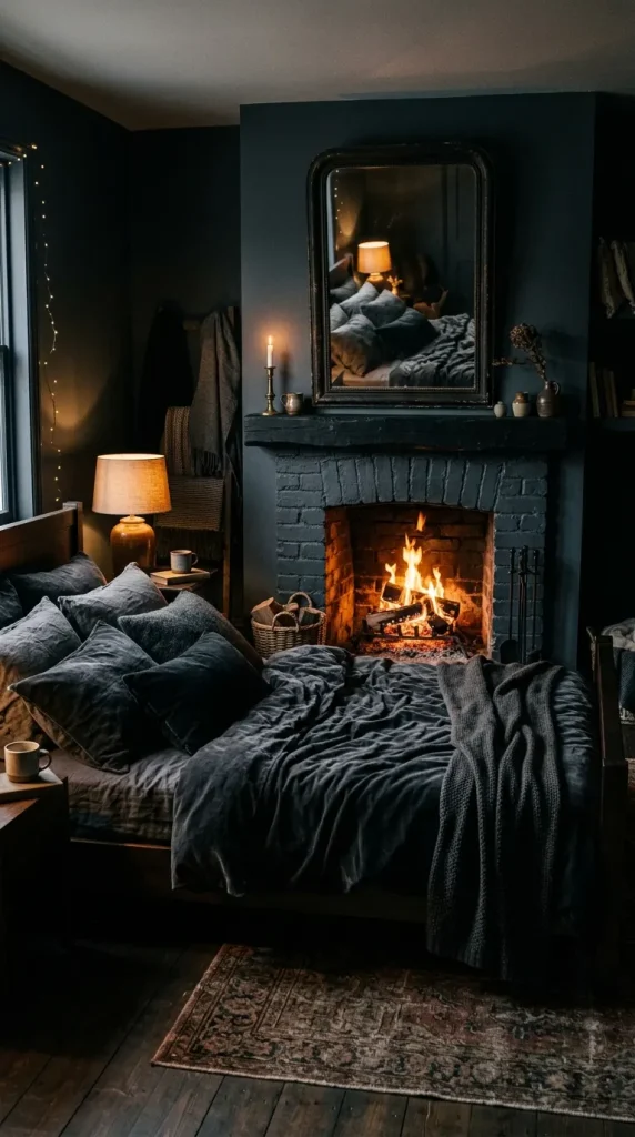 21. Style a Moody Bedroom Around a Dark Fireplace as the Rooms Anchor