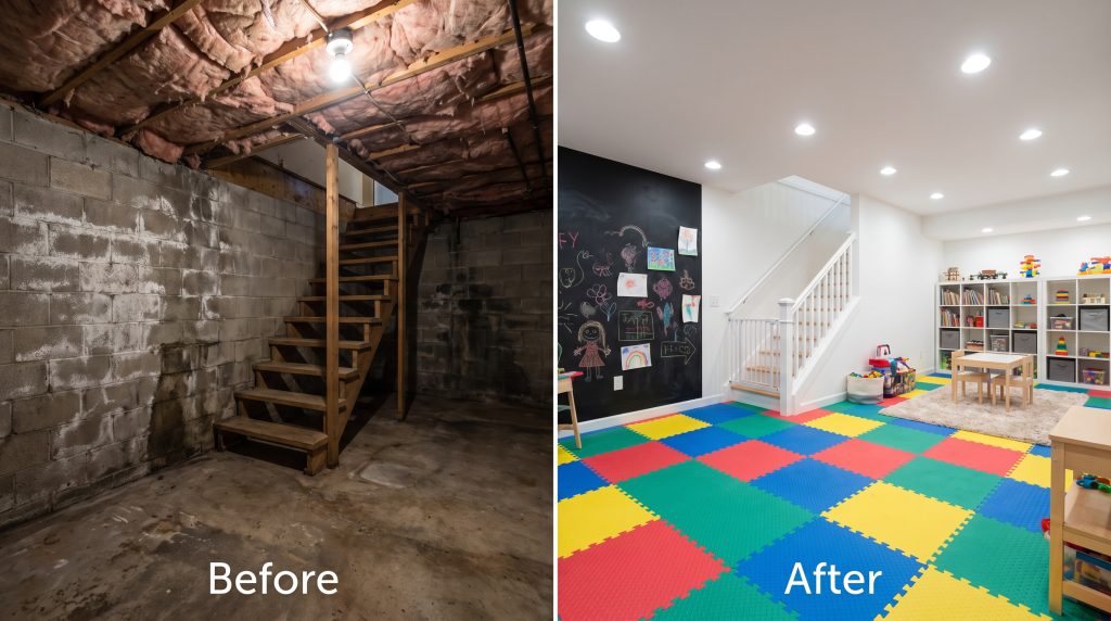 3 Damp Concrete Space to Bright Kids Playroom