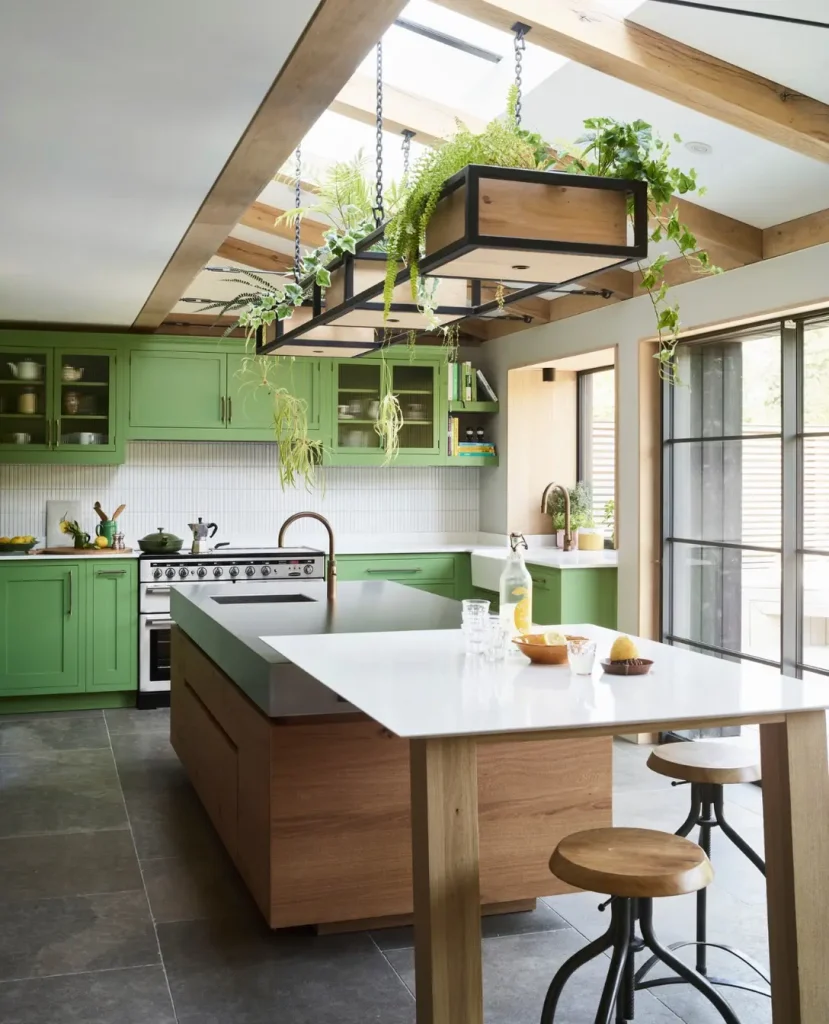 4. Hang a Ceiling Mounted Plant Rack Above the Island