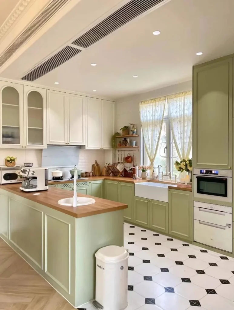 6. Mix Soft Sage Lower Cabinets With White Uppers